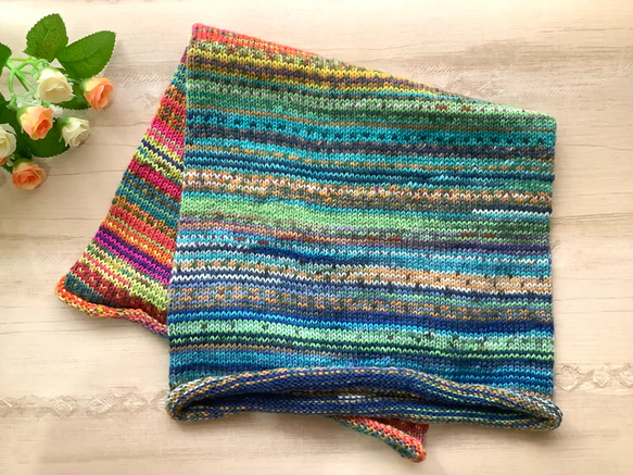 オパール毛糸とソックヤーンの腹巻き帽子　スヌード　ネックウォーマー　手編み　#12 2枚目の画像