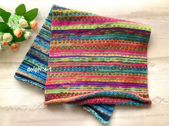 オパール毛糸とソックヤーンの腹巻き帽子　スヌード　ネックウォーマー　手編み　#12 1枚目の画像