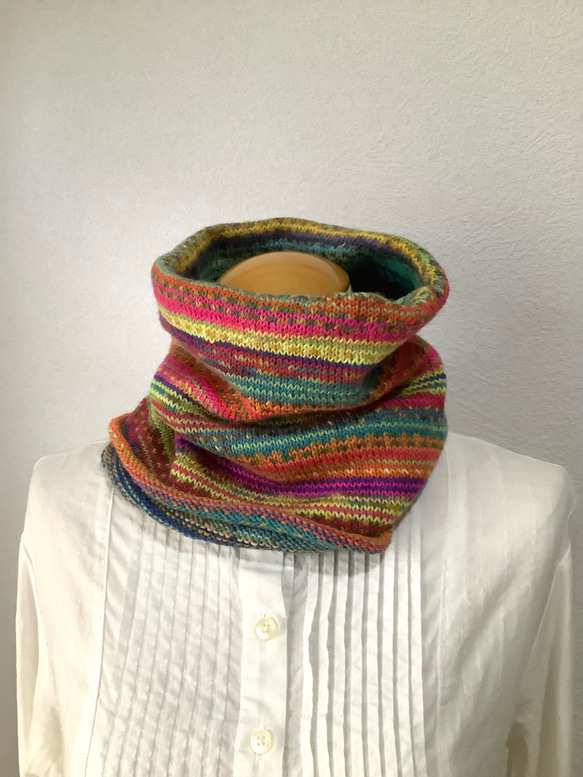 オパール毛糸とソックヤーンの腹巻き帽子　スヌード　ネックウォーマー　手編み　#12 3枚目の画像