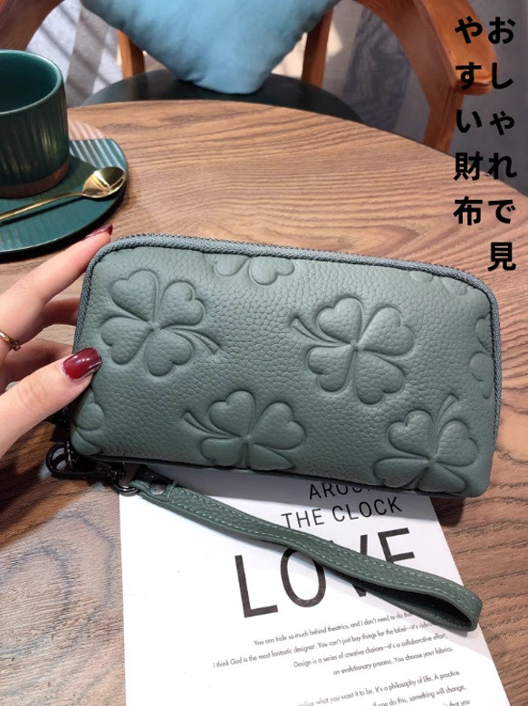 レディース2023新携帯小銭パスケース精緻高級牛革財布小人数大容量クローバー長財布
