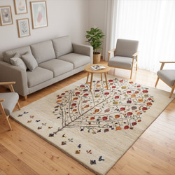 ペルシャ ギャッベ 玄関マット 楕円形 83Φ55cm ベージュ 手織り絨毯