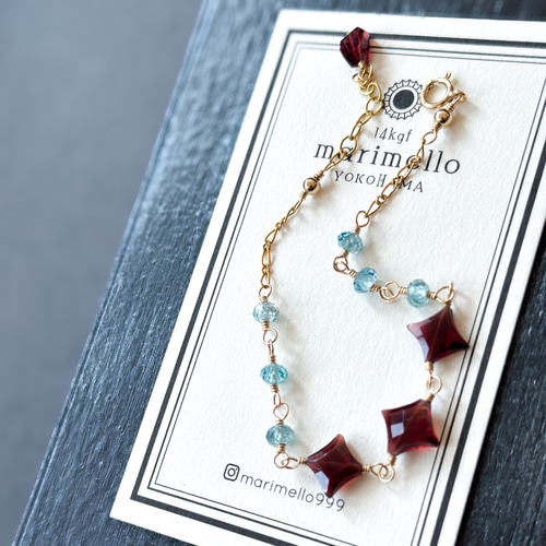 14kgf*キラリ♢モザンビークガーネットとブルージルコンのブレスレット