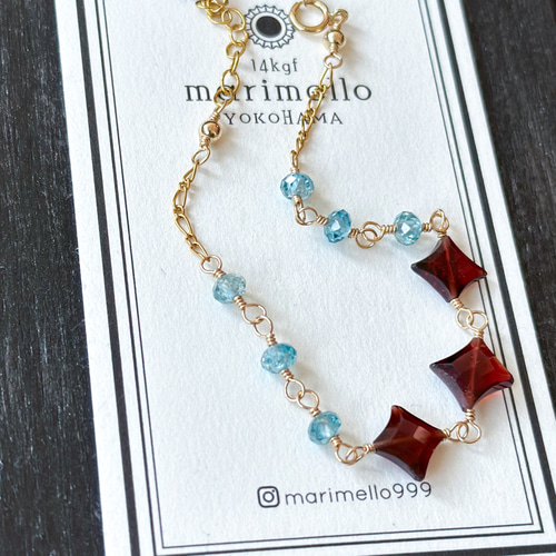 14kgf*キラリ♢モザンビークガーネットとブルージルコンのブレスレット