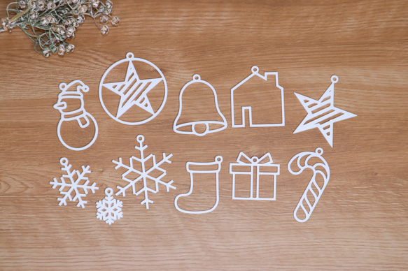 クリスマスツリー飾り　オーナメントセット（８種類１１個）　アウトライン０１　ホワイト 6枚目の画像