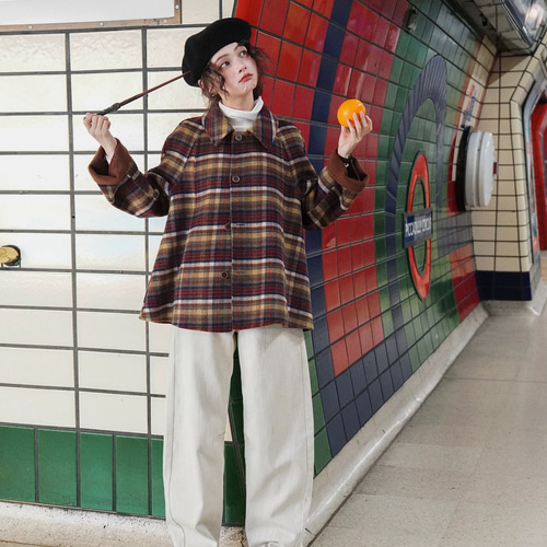 リバーシブル仕様 裏面チェック柄 Aラインウールミドル丈コート【春冬