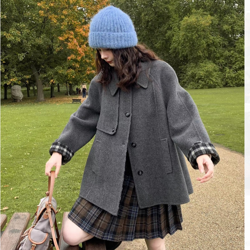 リバーシブル仕様 裏面チェック柄 Aラインウールミドル丈コート【春冬