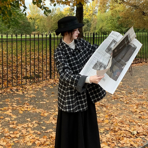 リバーシブル仕様 裏面チェック柄 Aラインウールミドル丈コート【春冬