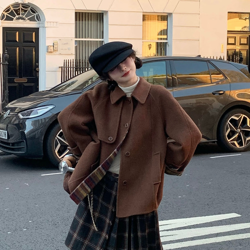 リバーシブル仕様 裏面チェック柄 Aラインウールミドル丈コート【春冬