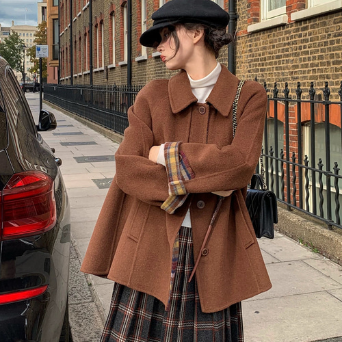リバーシブル仕様 裏面チェック柄 Aラインウールミドル丈コート【春冬