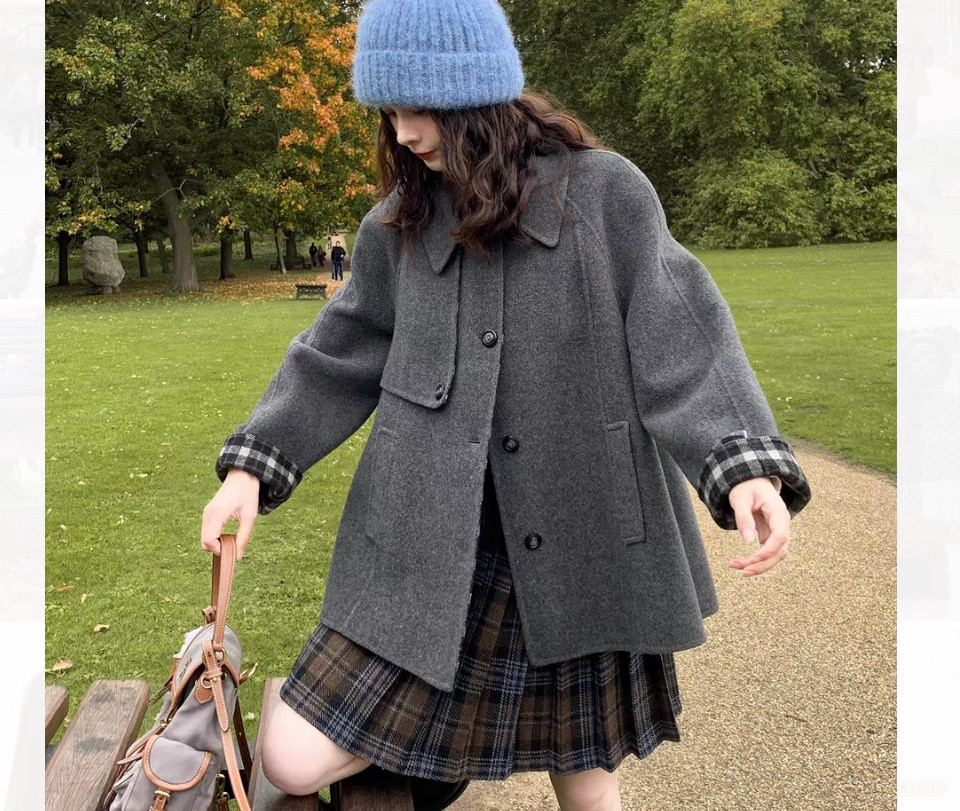 リバーシブル仕様 裏面チェック柄 Aラインウールミドル丈コート【春冬