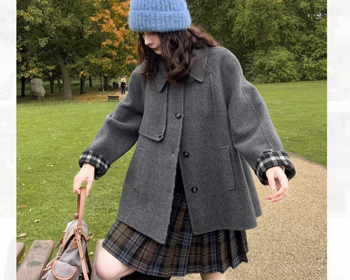 リバーシブル仕様 裏面チェック柄 Aラインウールミドル丈コート【春冬