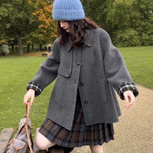 リバーシブル仕様 裏面チェック柄 Aラインウールミドル丈コート【春冬