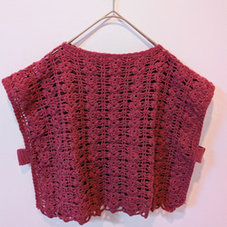 くすみワインレッドのレース編みベスト✨️ウール100　重ね着にぴったりの手編みニット 5枚目の画像