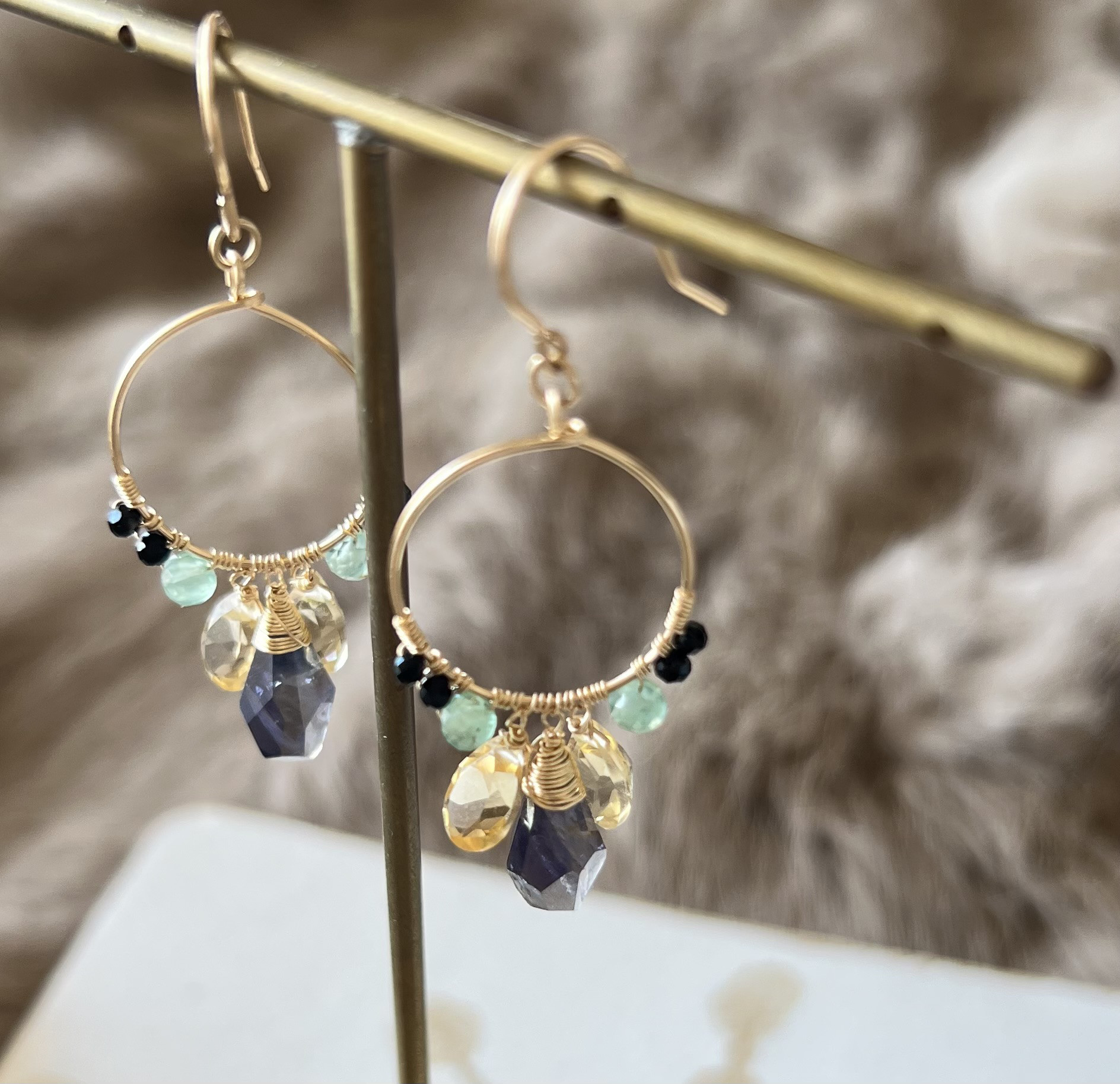 ミニフープピアス／イヤリング【アイオライト＆シトリン】3月誕生石 11月誕生石 14kgf