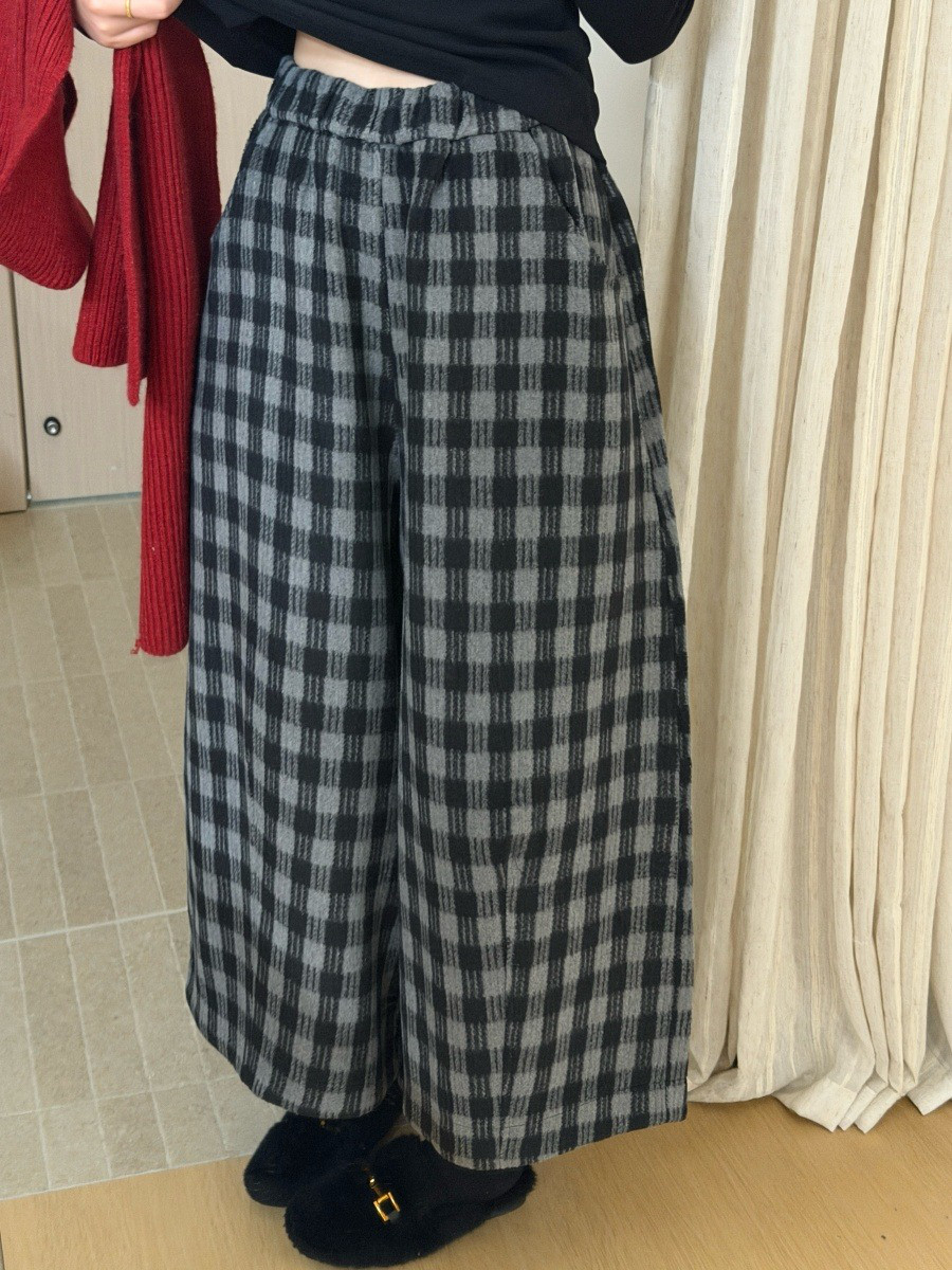 レディース チェック柄 ワイドストレートパンツ