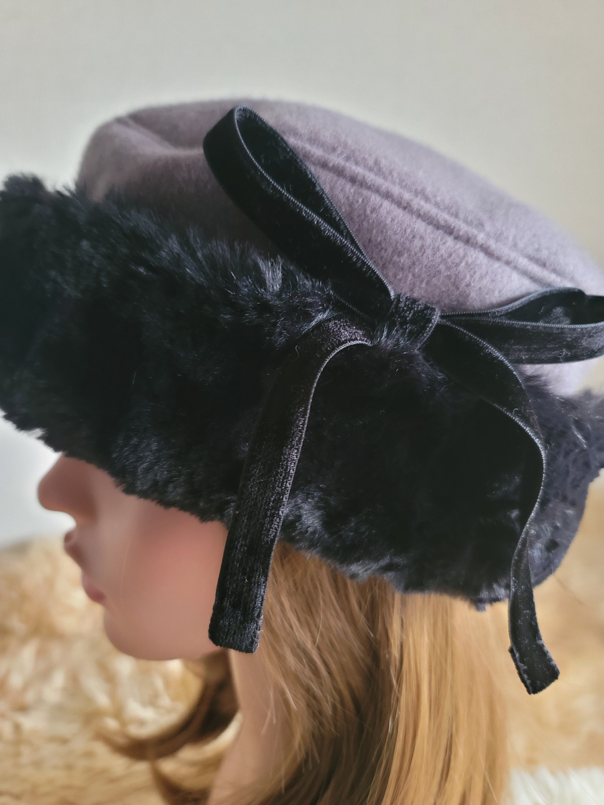 ベロアリボン付き★トーク帽★パープルグレージュ★