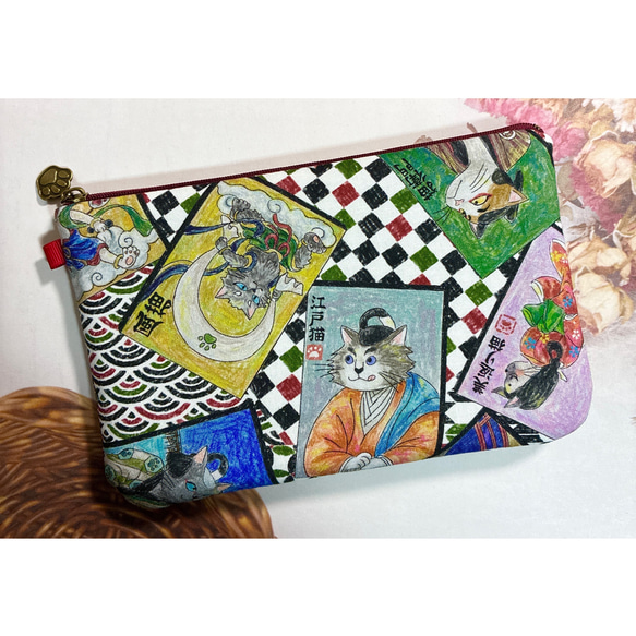 ハンドメイド　和柄　かるた　歌舞伎　日本画　浮世絵　猫　ふんわり　フラットポーチ【L】 1枚目の画像