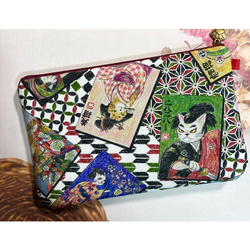 ハンドメイド　和柄　かるた　歌舞伎　日本画　浮世絵　猫　ふんわり　フラットポーチ【L】 2枚目の画像
