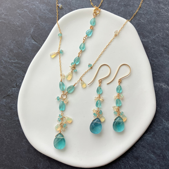 14kgf＊グリーンフローライト&アパタイト&エチオピアオパールのピアス&ネックレス 4枚目の画像