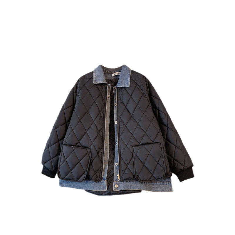 大きいヤードのデニムのつなぎ合わせて偽の2件の菱形の格の綿の衣2025新型の秋のmmの綿の服太っています