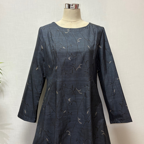 着物リメイク 大島紬ワンピース 花柄 ロング 2WAY Aライン 細見せ