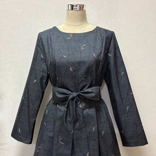 着物リメイク 大島紬ワンピース 花柄 ロング 2WAY Aライン 細見せ