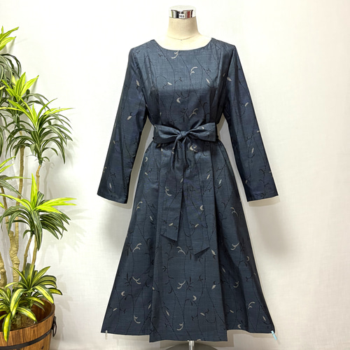 着物リメイク 大島紬ワンピース 花柄 ロング 2WAY Aライン 細見せ