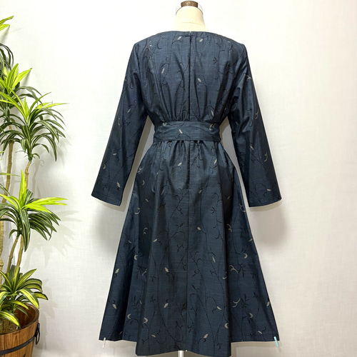 着物リメイク 大島紬ワンピース 花柄 ロング 2WAY Aライン 細見せ