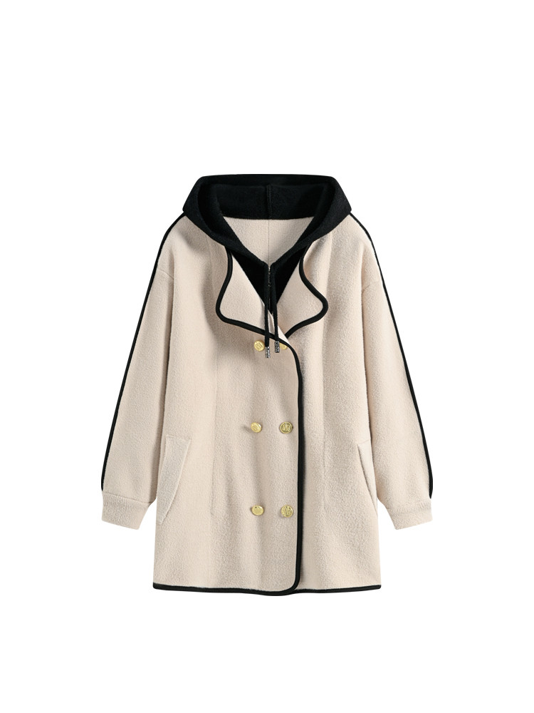 ビッグサイズのフード付きツイードコートの女性秋の太った妹はゆったりと見える偽の2つのデザイン感の上着です以上翻译结果来自