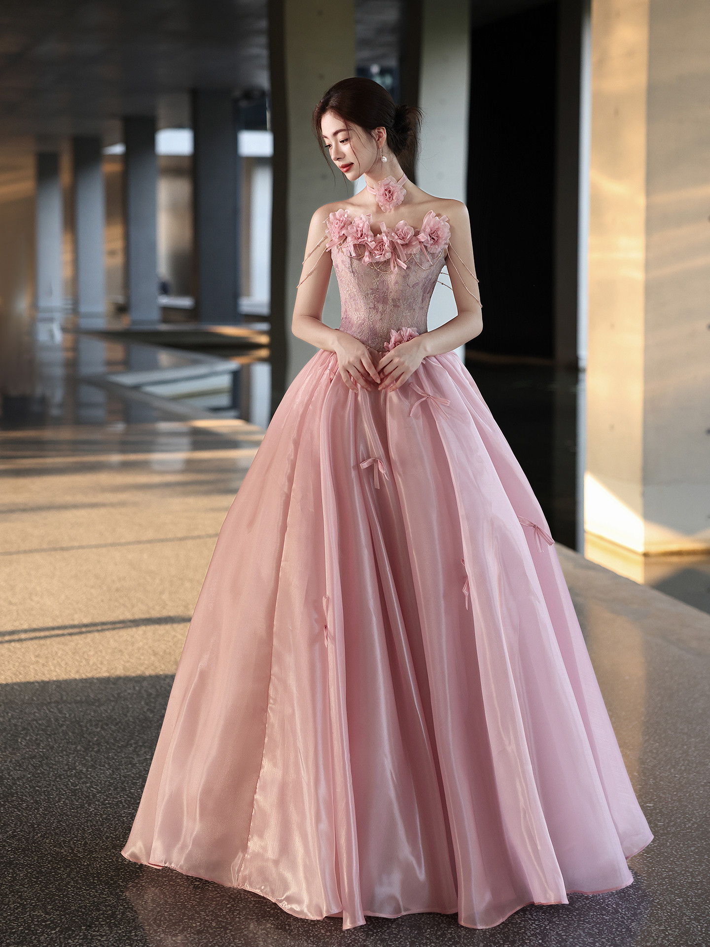 綺麗 ピンク 花 オフショルダー ウェディングドレス プリンセス パーティー 演奏会 二次会 前撮り 披露宴 09112