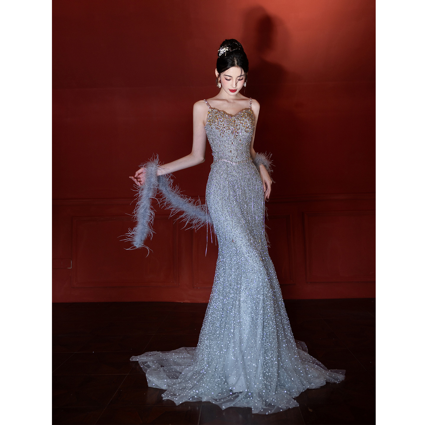 綺麗 ブルーグレー きらきら マーメイドドレス ウェディングドレス パーティー 演奏会二次会 前撮り 披露宴 09108