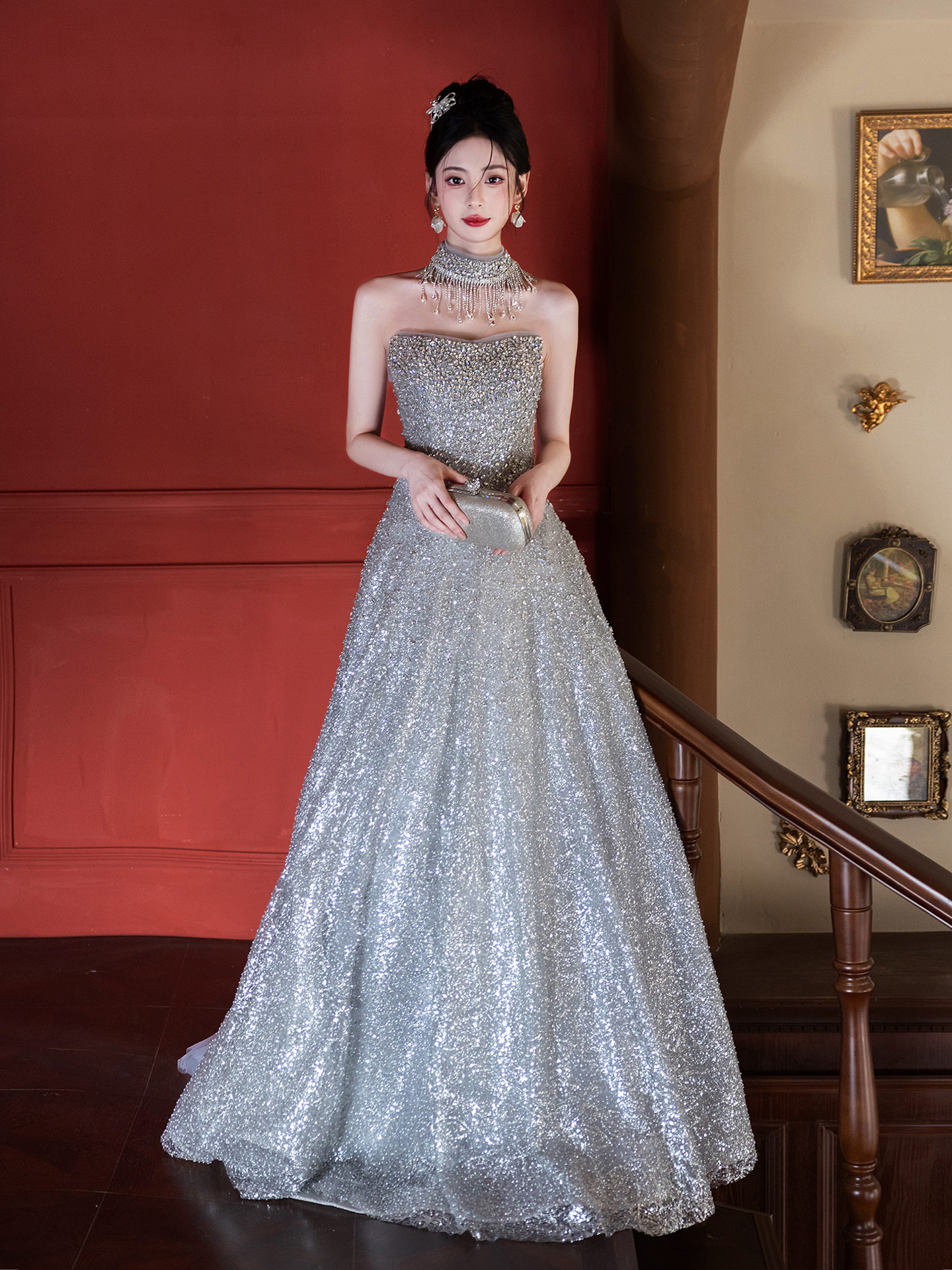 綺麗 シルバー きらきら オフショルダー ウェディングドレス パーティー 演奏会二次会 前撮り 披露宴 09107