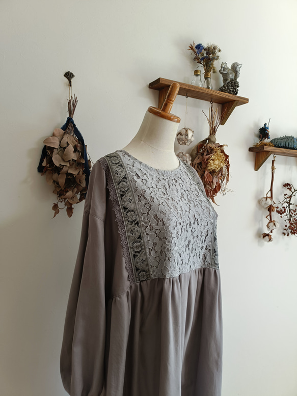 レース×コットンワンピースグレー 5枚目の画像