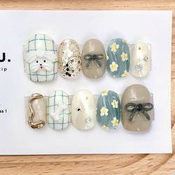 ぷるキラMIXわんちゃん【サイズオーダー制】￤ネイルチップ 犬 リボン 落書き 花 チェック柄 うるうる 1枚目の画像