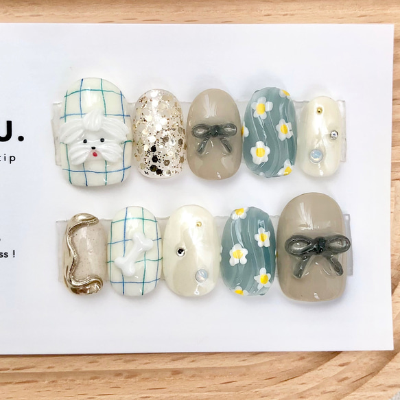 ぷるキラMIXわんちゃん【サイズオーダー制】￤ネイルチップ 犬 リボン 落書き 花 チェック柄 うるうる 1枚目の画像