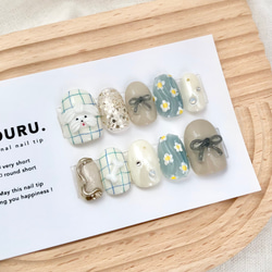 ぷるキラMIXわんちゃん【サイズオーダー制】￤ネイルチップ 犬 リボン 落書き 花 チェック柄 うるうる 3枚目の画像