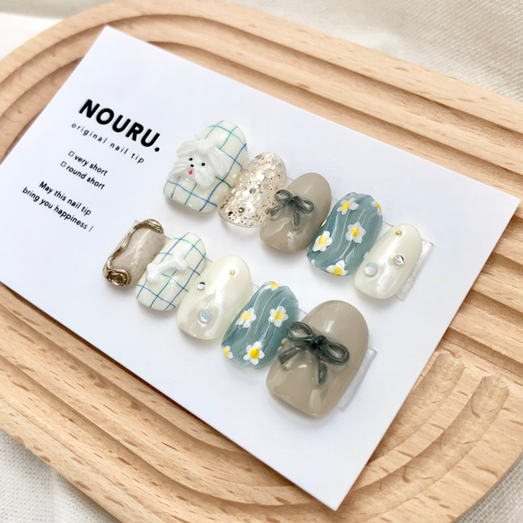 ぷるキラMIXわんちゃん【サイズオーダー制】￤ネイルチップ 犬 リボン 落書き 花 チェック柄 うるうる 2枚目の画像