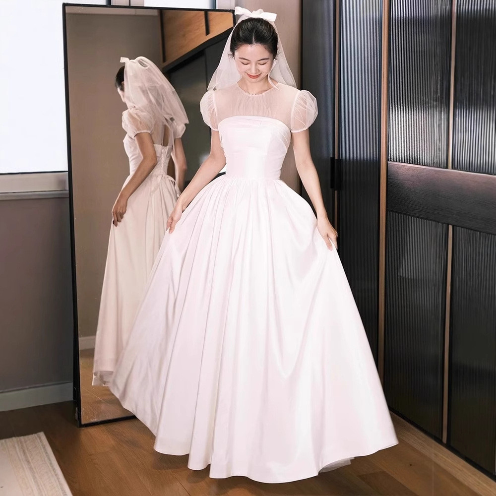 半袖 サテン 白 黒 シンプル おしゃれ ウェディングドレス 韓国風 花嫁 前撮り JSXA702