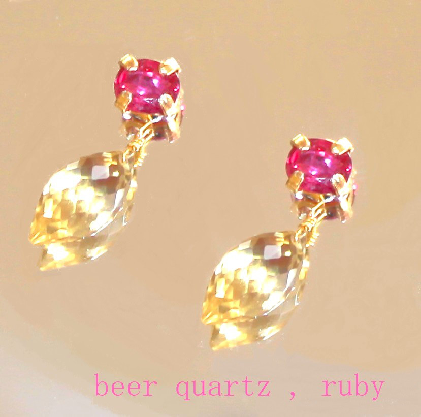 再販☆Ruby & Beer Quartz Earrings/Pierce/Ear-cuff