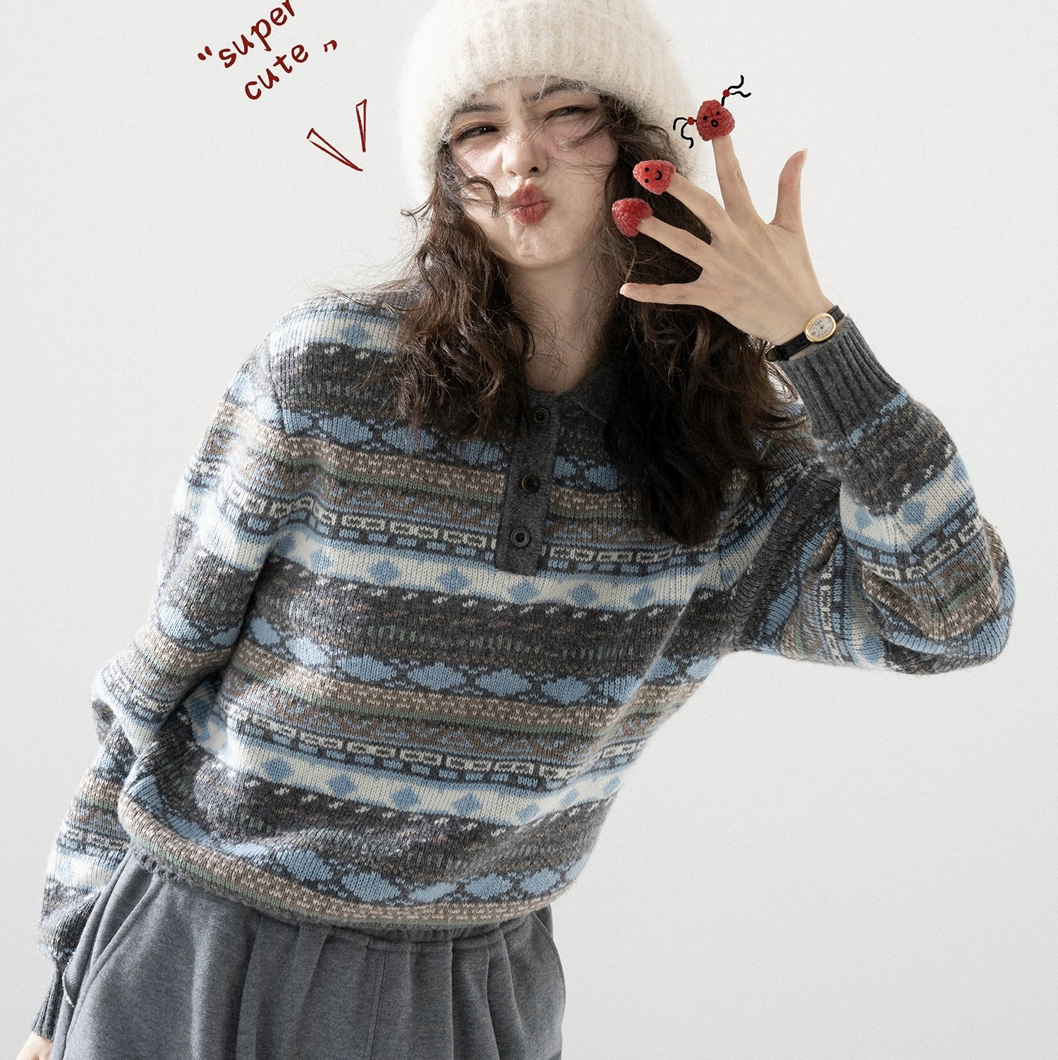 2色　polo襟フェアアイル柄　ウールのプルオーバーニット【春秋冬】グレー・ブラウン