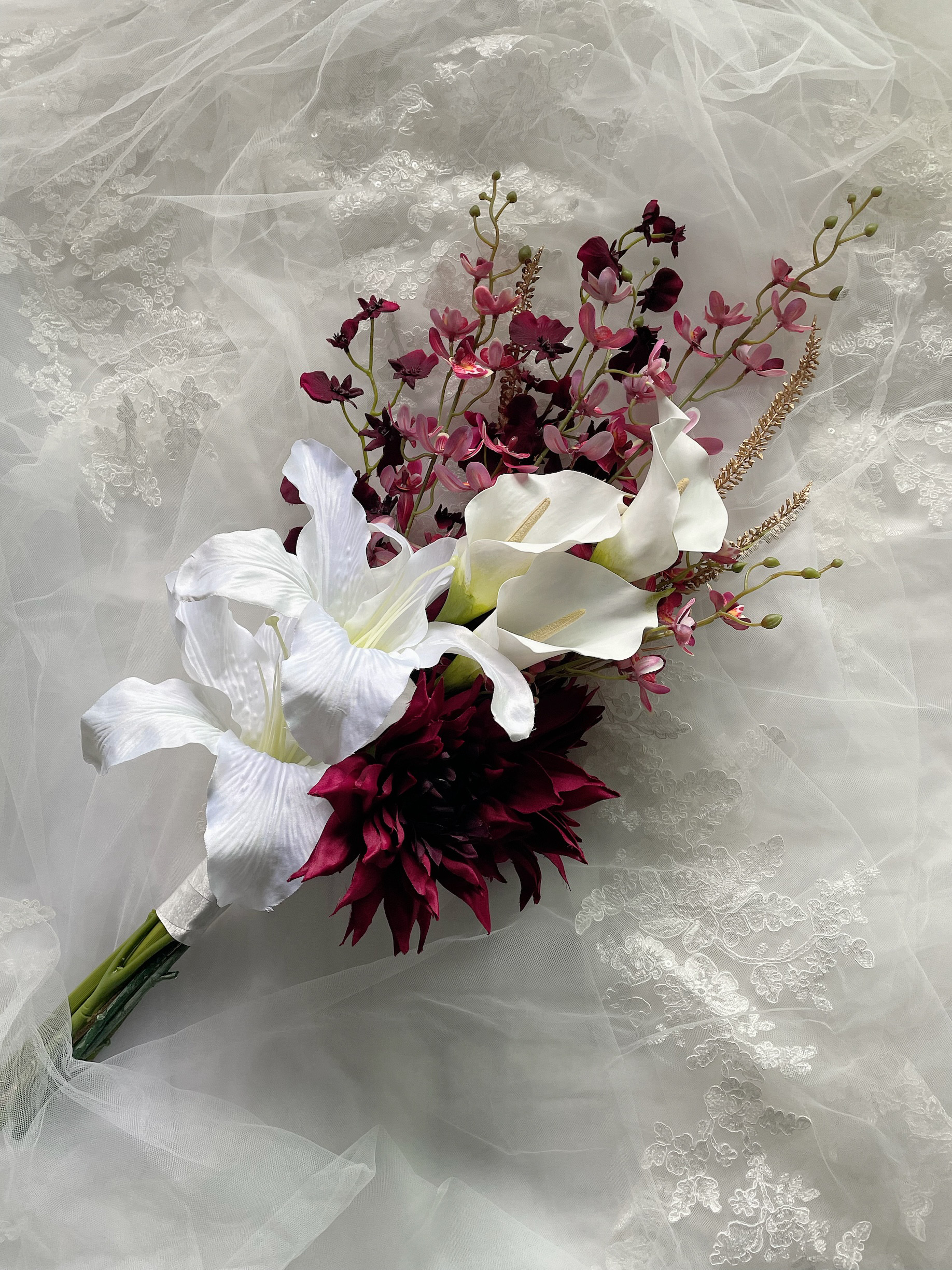 カラー、百合、ダリア、和装ブーケ、クラッチブーケ、ウェディングブーケ、お洒落ブーケ