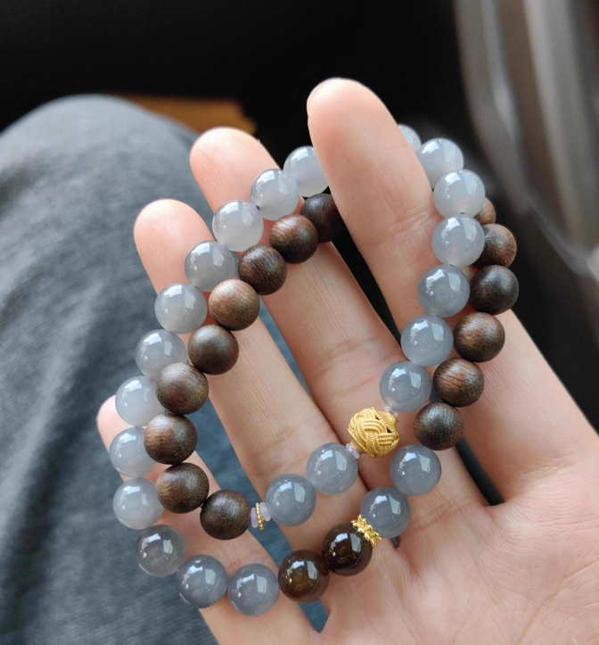 ✼• Elegant •✼  天然沈香木/スモーキーパープルの翡翠/和田玉（ホータン玉）ブレスレット