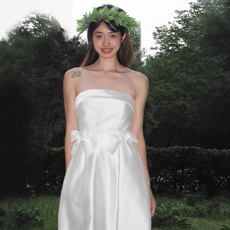 ノースリーブ リボン 白 黒 シンプル おしゃれ 裾引き ウェディングドレス 韓国風 花嫁 前撮り JSXA707
