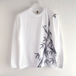 手描き竹柄袖リブロングTシャツ ホワイト 長袖 秋冬 和柄 和風 2枚目の画像