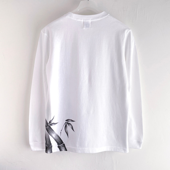 手描き竹柄袖リブロングTシャツ ホワイト 長袖 秋冬 和柄 和風 4枚目の画像