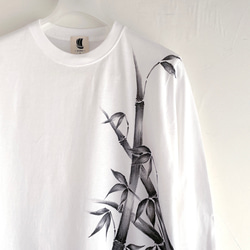 手描き竹柄袖リブロングTシャツ ホワイト 長袖 秋冬 和柄 和風 3枚目の画像