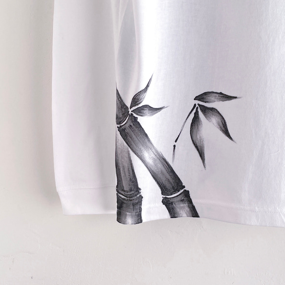 手描き竹柄袖リブロングTシャツ ホワイト 長袖 秋冬 和柄 和風 5枚目の画像