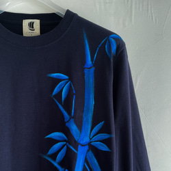 手描き竹柄袖リブロングTシャツ ネイビー長袖 秋冬 和柄 和風 濃紺 3枚目の画像