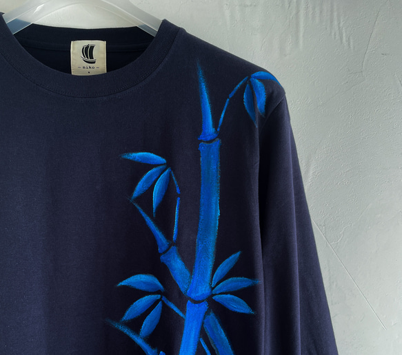 手描き竹柄袖リブロングTシャツ ネイビー長袖 秋冬 和柄 和風 濃紺 3枚目の画像