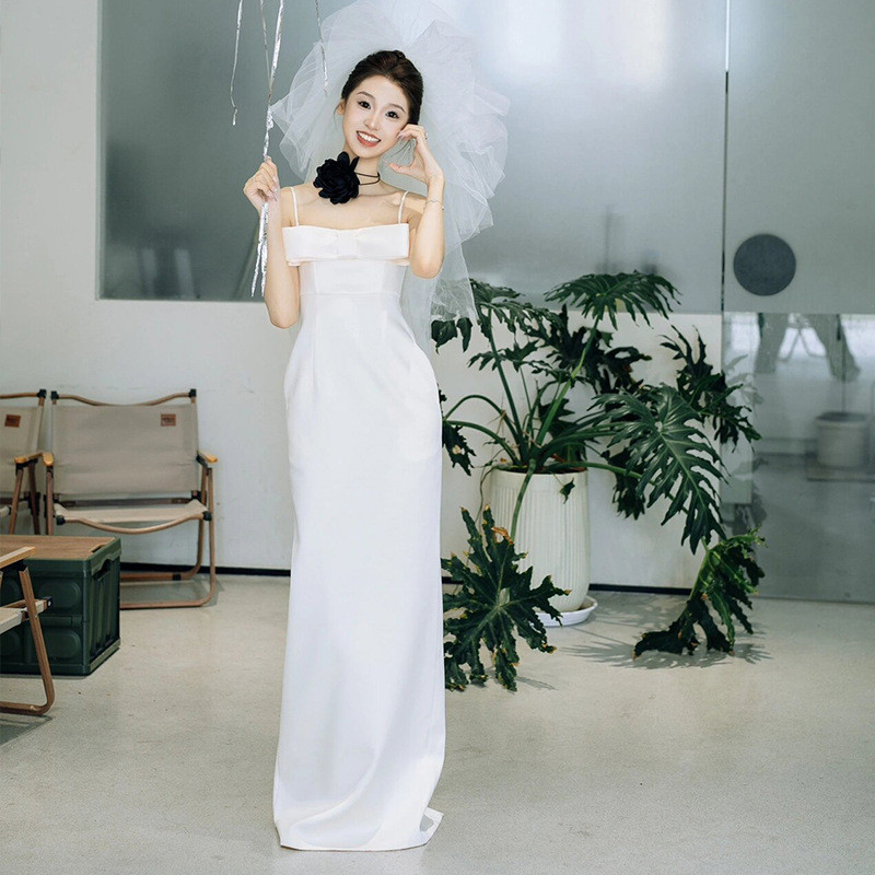 ノースリーブ 白 黒 シンプル マーメイドドレス ウェディングドレス 高級感 韓国風 花嫁 前撮り JSXA579